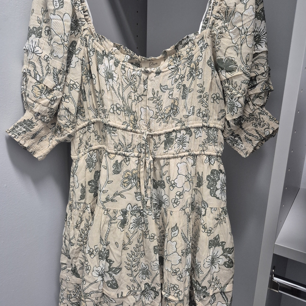 Elan Cream and Green Floral Mini Dress